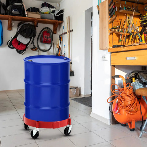 Two Pack Drum Dollies For 16 Gallon Drums Red Mobile Base With Four Swivel Casters, Heavy Duty Drum Cart Set For Buckets, Shops, Garages, Factories, And Warehouses, Easy Roll, Stable, Perfect For Moving Large Drums. Blue 16-gallon drum on red swivel caster dolly in a garage