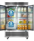 Workhorse 54 Inch Reach In Commercial Refrigerator Brings 49 Cubic Feet Of Upright Storage With Two Solid Doors, showcasing various food items inside.