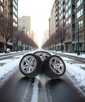 Four Piece 48MM Rubber Toy Car Wheel Set For RC Models, displayed on a snowy city street, Dope Black Simulation Wheels With Easy Snap Installation