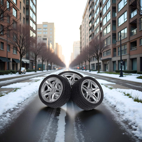 Four Piece 48MM Rubber Toy Car Wheel Set For RC Models, displayed on a snowy city street, Dope Black Simulation Wheels With Easy Snap Installation