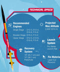 Vogel Pro Series II Expert Two-Stage Model Rocket Kit for Serious Rocketeers technical specifications chart with rocket image