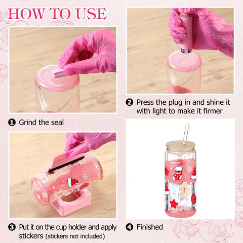 Instruction steps using Snow Globe DIY Tumbler Tool Kit For Beginners With 15 Piece Essentials and Storage Box Pink Includes Squeeze Bottle Funnels Tweezers Measuring Cup Gloves Alcohol Pads Silicone Coaster Mini Flashlight and Craft Accessories.