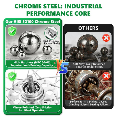 Comparison of AISI 52100 chrome steel bearing balls with inferior soft alloy alternatives for better bike hub performance.