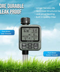 Outdoor Garden Hose Sprinkler Timer With Auto Manual And Rain Delay Modes Large LCD Display in grass with features labeled