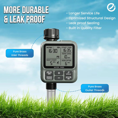Outdoor Garden Hose Sprinkler Timer With Auto Manual And Rain Delay Modes Large LCD Display in grass with features labeled
