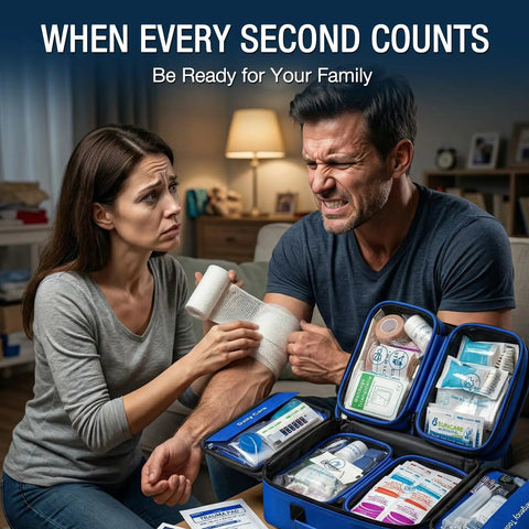 Couple using Six In One Modular First Aid Kit With Waterproof Pockets For Home Car Travel Camping Boat And Outdoor Use on injured arm.