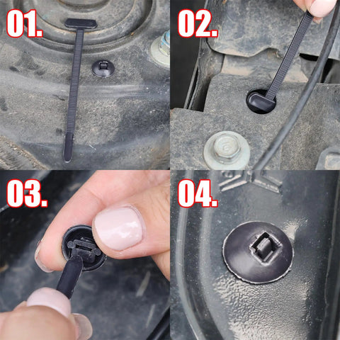 100 Pcs Nylon Cable Tie Buckles and Bumper Retainer Clips Set for Auto Repair and Home Organization shown in installation steps
