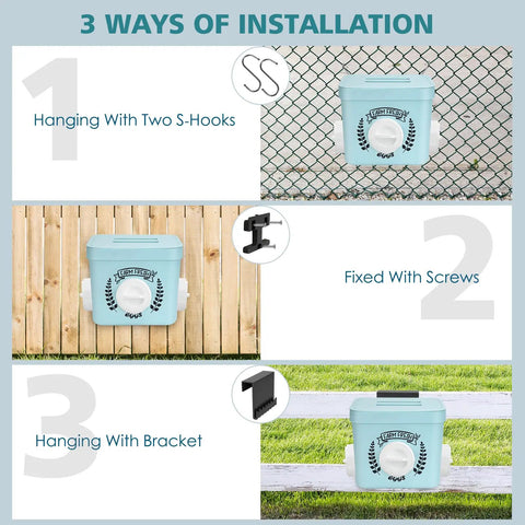 Installation options for Straight Up No Mess Chicken Feeder For Chicks And Hens Heavy Duty Waterproof Poultry Dispenser.