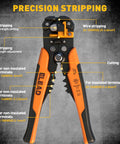 All In One 321 Piece Wire Connectors Kit With Self Adjusting Stripper, highlighting features like wire stripping, cutting, and crimping settings.