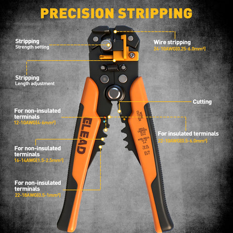 All In One 321 Piece Wire Connectors Kit With Self Adjusting Stripper, highlighting features like wire stripping, cutting, and crimping settings.