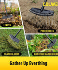 61-Inch Dethatcher Rake For Lawns With Thin Curved Spring Steel Tines, removing leaves, pine needles, and garden debris