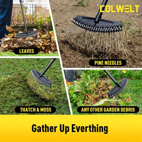 61-Inch Dethatcher Rake For Lawns With Thin Curved Spring Steel Tines, removing leaves, pine needles, and garden debris