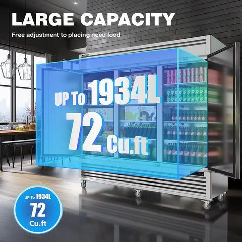 Next Level 3 Door Reach In Commercial Freezer 72 Cu Ft 82 Inches Wide Stainless Steel upright freezer showcasing 72 cu ft capacity.