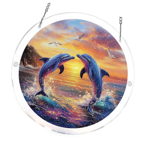 Vivid Tree Of Life Acrylic Sun Catcher Puzzle Kit with dolphins in sunset scene, round 7.4 inch, double-sided UV printed