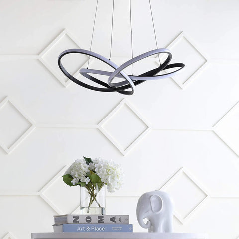 25 Inch Black Modern Abstract LED Pendant Light With Integrated Dimmable Function Metal Chandelier over table