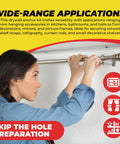 Woman using Zinc Self Drilling Drywall Anchor Kit with Screws to install curtain rod, showcasing heavy duty metal anchors.