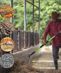 Man using 57 Inch 5 Tine Steel Garden Pitch Fork With Cushioned Grip Heavy Duty Mulch And Compost Fork Green Fiberglass Handle