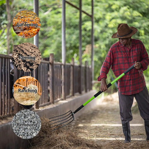 Man using 57 Inch 5 Tine Steel Garden Pitch Fork With Cushioned Grip Heavy Duty Mulch And Compost Fork Green Fiberglass Handle