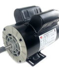 Side view of compressor-duty electric motor, 56-frame, 3.7 HP, 3450 RPM, 5/8 in shaft, black housing on base
