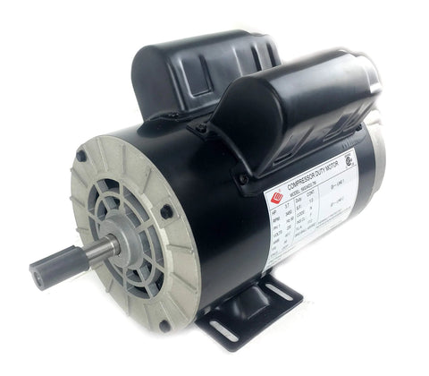 Side view of compressor-duty electric motor, 56-frame, 3.7 HP, 3450 RPM, 5/8 in shaft, black housing on base