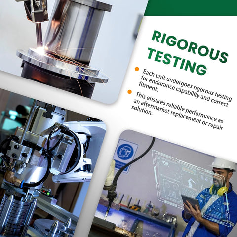 Collage of rigorous testing processes for automotive parts, including machinery and a technician evaluating digital data.