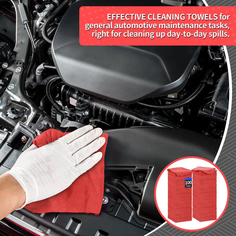 Person using Bulk 100 Pack Microfiber Shop Towels 11.5 By 11.5 Inches Red Lint Free Non Scratch Paint Safe Cleaning Rags on car engine.