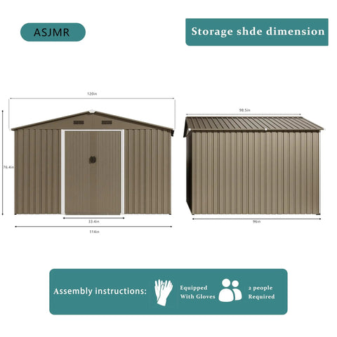 Front and side view of 10 Foot By 8 Foot Outdoor Storage Shed With Waterproof Lockable Door Metal Tool Shed With Sliding Door And Ventilation Garden Tool Storage Room For Lawn Equipment And Supplies