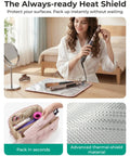 Woman using Hair Tool Organizer Travel Case For Dyson Airwrap And Shark FlexStyle with heat resistant mat on table.