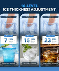 10-level ice thickness adjustment guide for the heavy-duty commercial ice maker, showing thin, medium, and thick ice with making times.