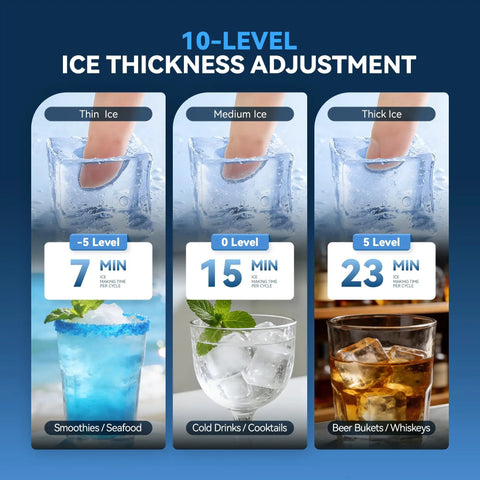 10-level ice thickness adjustment guide for the heavy-duty commercial ice maker, showing thin, medium, and thick ice with making times.