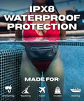 Person wearing Underwater Waterproof Fanny Pack For Phones And Gear submerged in pool, showcasing IPX8 protection.