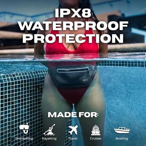 Person wearing Underwater Waterproof Fanny Pack For Phones And Gear submerged in pool, showcasing IPX8 protection.
