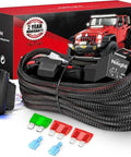 Heavy Duty 12 AWG Wiring Harness Kit With 1 Lead 12V 5 Pin Rocker Switch Power Relay And Inline Blade Fuse For LED Light Bars Off Road Lights On Cars Jeeps Boats And Trucks shown with components.