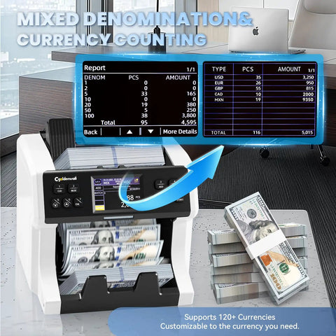 Money Counter Machine With Mixed Denomination And Bank Grade Cash Handling, 2CIS UV IR MG Counterfeit Detection