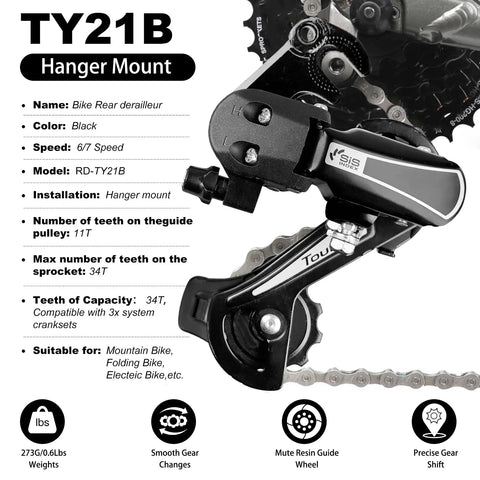 6 To 7 Speed Rear Derailleur Direct Mount For Mountain And Road Bikes RD TY21B Durable Aluminum Alloy, black hanger mount