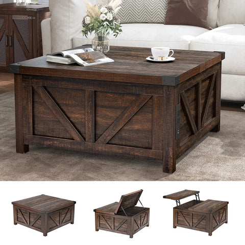 Dope Farmhouse Lift Top Coffee Table With Storage And USB Charging Station Wood Square Center Table in living room.