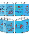Ocean Blue Nautical Beer Can Sleeves 12 Pack For Sailing Parties And Bachelorette Celebrations with fun nautical designs