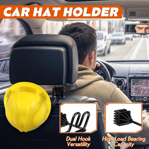 Driver's view with yellow hard hat on headrest using Hard Hat Holder For Truck And SUV 2 Pack Keeps Cap Shape While Driving