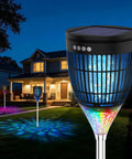 Solar Mosquito Zapper Outdoor With Flame Lamp And Projector Light 4200V Electric Bug Killer illuminating a backyard garden