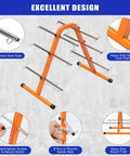 No Sweat Portable Wire Spool Rack And Cable Dispenser With Six Adjustable Steel Rods, displaying the durable orange frame and stainless steel rods.