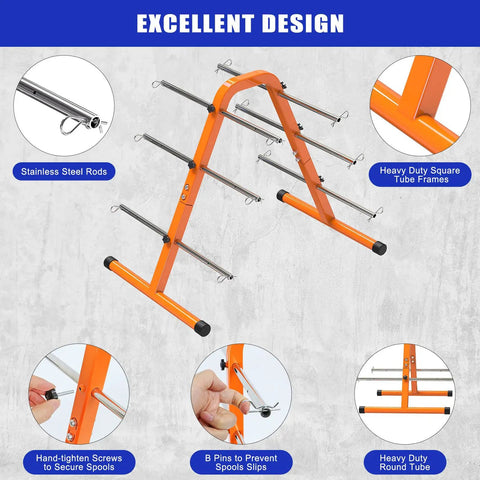 No Sweat Portable Wire Spool Rack And Cable Dispenser With Six Adjustable Steel Rods, displaying the durable orange frame and stainless steel rods.