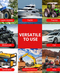 Collage of vehicle and equipment images: lawn mower, yacht, tractor, motorcycle, car, generator, farming machinery, ATV.