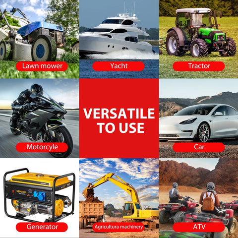 Collage of vehicle and equipment images: lawn mower, yacht, tractor, motorcycle, car, generator, farming machinery, ATV.