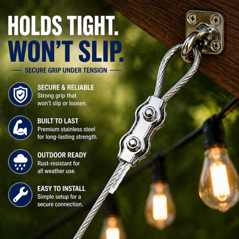 One Eighth Inch Stainless Steel Wire Rope Kit With Reusable Cable Clamps, shown securing outdoor string lights.