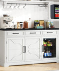 Farmhouse 60 Inch Coffee Bar Cabinet With Built In Bev Fridge And Drawer Storage, Wine Bar Cabinet With Mini Fridge, Sideboard For Dining Room Or Living Room White with beverage fridge open showing full capacity.