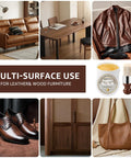 Solid Eight Ounce Leather Repair Balm And Detail Brush Kit for restoring leather couch and wood furniture, shown with various items.