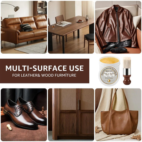 Solid Eight Ounce Leather Repair Balm And Detail Brush Kit for restoring leather couch and wood furniture, shown with various items.