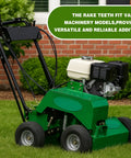 104 Pcs Rake Teeth Set For Power Rake Tines Dethatcher Blades Heavy Duty Replacement For Bluebird 5001 And Billy Goat Lawn Mowers Pro Grade 4 Inch Long By 1 Inch Wide By 0.12 Inch Thick 373173 539005001 Compatible shown installed on a green lawn mower with brick wall backdrop.