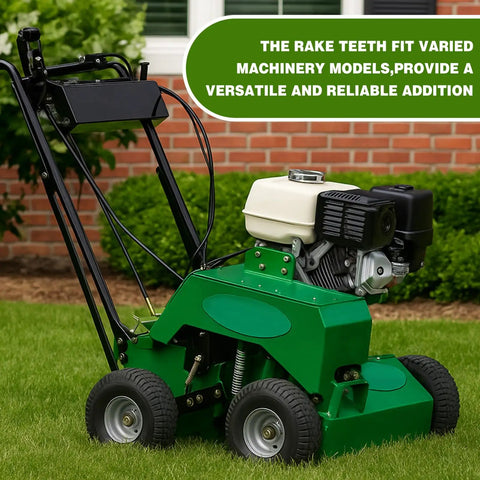 104 Pcs Rake Teeth Set For Power Rake Tines Dethatcher Blades Heavy Duty Replacement For Bluebird 5001 And Billy Goat Lawn Mowers Pro Grade 4 Inch Long By 1 Inch Wide By 0.12 Inch Thick 373173 539005001 Compatible shown installed on a green lawn mower with brick wall backdrop.