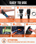 Instructions for Battery Powered Fuel Transfer Pump 2.2 GPM showing battery insertion and nozzle setup.